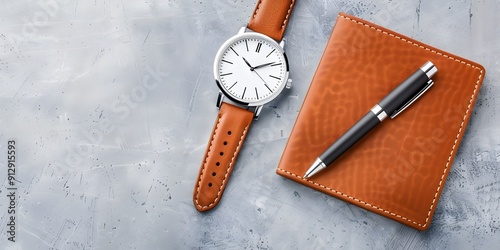 Concrete surface with minimalist wristwatch, leather cardholder, and matte black pen. Flat Lay, Minimalist photo