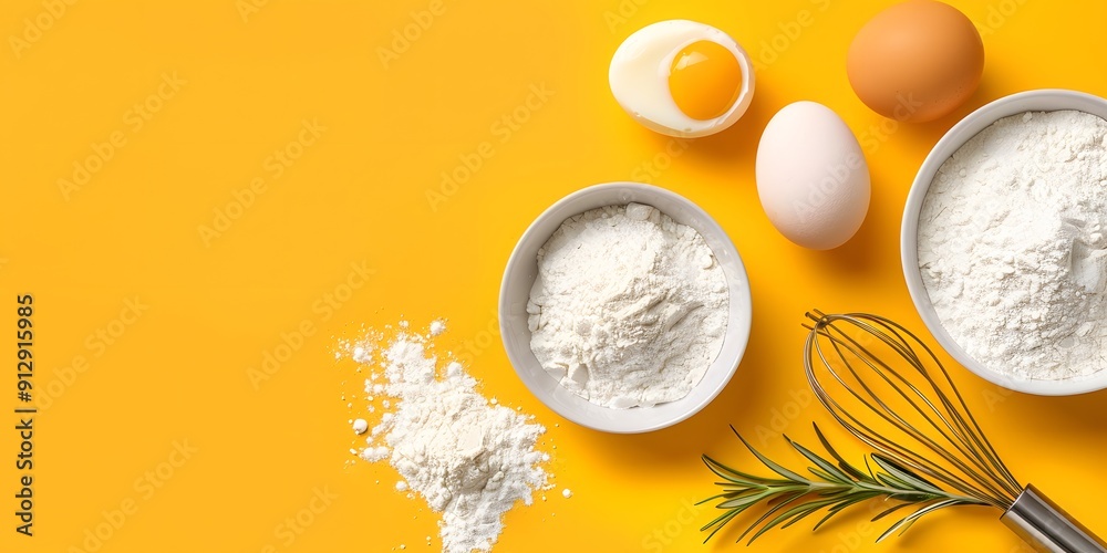 Pale yellow backdrop with baking ingredients: flour, eggs, and whisk in symmetrical layout. Flat Lay, Minimalist Pale yellow backdrop with baking ingredients: flour, eggs, and whisk in symmetrical layout. Flat Lay, Minimalist
