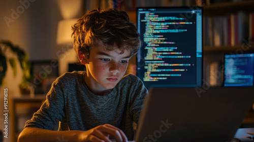 Boy testing code on a device Generative AI is making its way into the programming world through AI code assistants photo