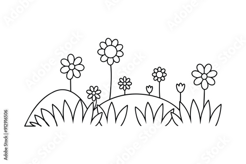 Elegant single line art of blossoming meadows, vector illustration on white background.