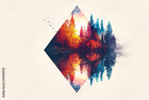 Geometric design completely inside the rhombus silhouette of a mountain landscape
