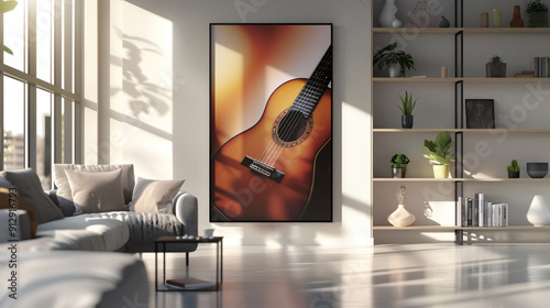 Modern living room. Guitar painted canvas in a moderm sleek living room  photo