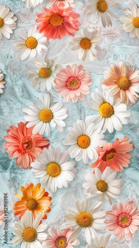 A vibrant arrangement of white, pink, yellow, and orange daisies on a marbled pastel background, creating a fresh and lively floral display.