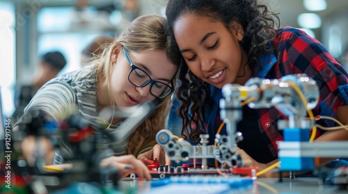 Female students collaborating on robotics project