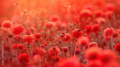 Field of red poppies with a bee on one of the flowers, bathed in warm sunlight