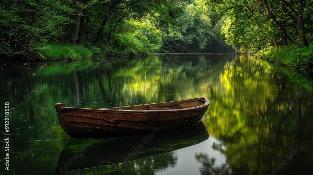 Solitary brown boat floating on a calm river surrounded by lush greenery Solitary brown boat floating on a calm river surrounded by lush greenery