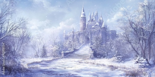 Frosty Fairytale: An Enchanted Snow Scene with a Storybook Castle in Anime Style, Evoking the Magic of Winter Wonders. photo