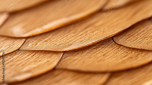 Close-up of overlapping wooden shingles texture, ideal for concepts related to roofing, construction, or rural cabin holiday aesthetics