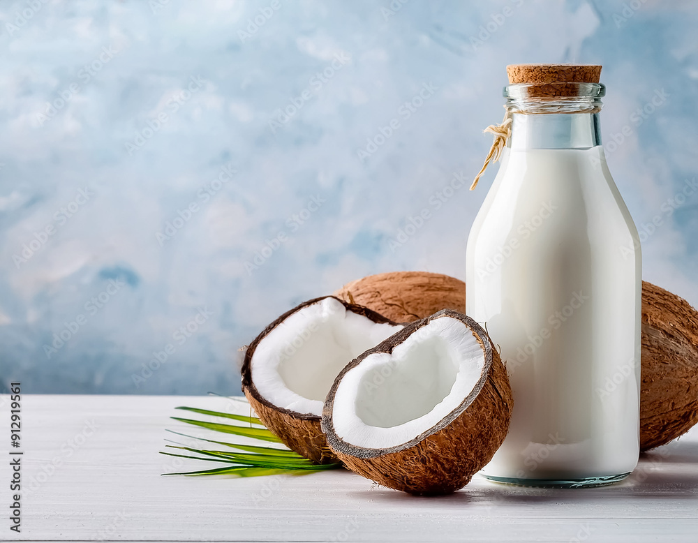Delicious Coconut Vegan Milk in a Bottle with Fresh Coconut Halves on Wooden Table Alternative Vegan Nut Milk Delicious Coconut Vegan Milk in a Bottle with Fresh Coconut Halves on Wooden Table Alternative Vegan Nut Milk