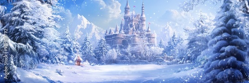 Frosty Fairytale: An Enchanted Snow Scene with a Storybook Castle in Anime Style, Evoking the Magic of Winter Wonders. photo