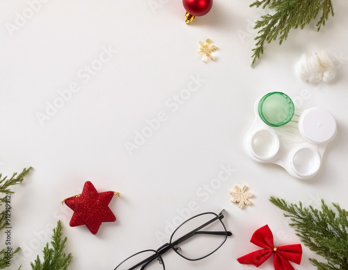 Clear Vision for the Holidays Contact Lenses Eyeglasses and Lens Solution on a White Christmas Background