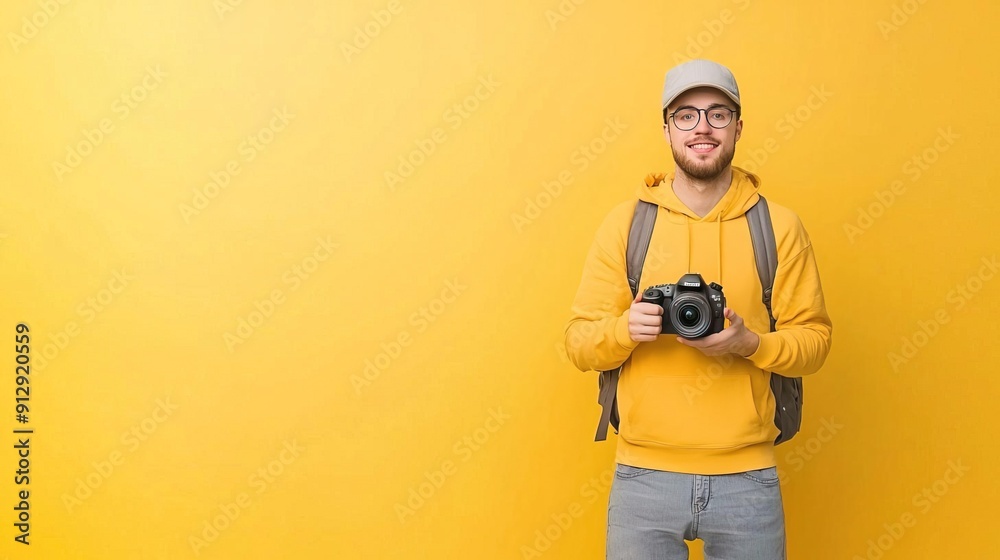 Man in winter clothes taking a photo with a camera against a pink and blue background. Man in winter clothes taking a photo with a camera against a pink and blue background.