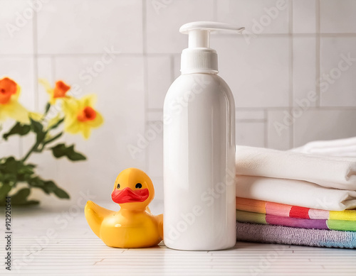 Adorable Duckthemed Baby Cosmetic Dispenser Bottle with Customizable Text Space photo