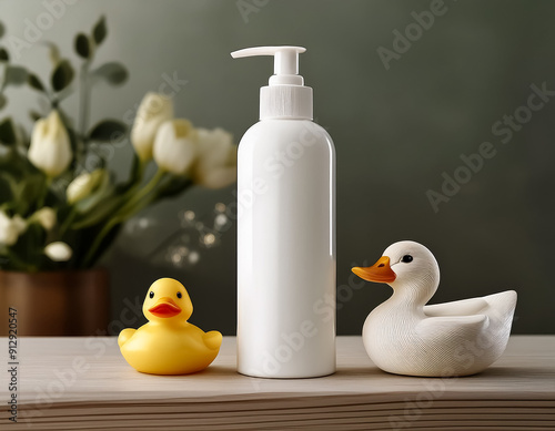 Adorable Duckthemed Baby Cosmetic Dispenser Bottle with Customizable Text Space photo