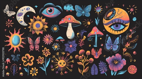 Vibrant mystical illustration with mushrooms and eyes.
