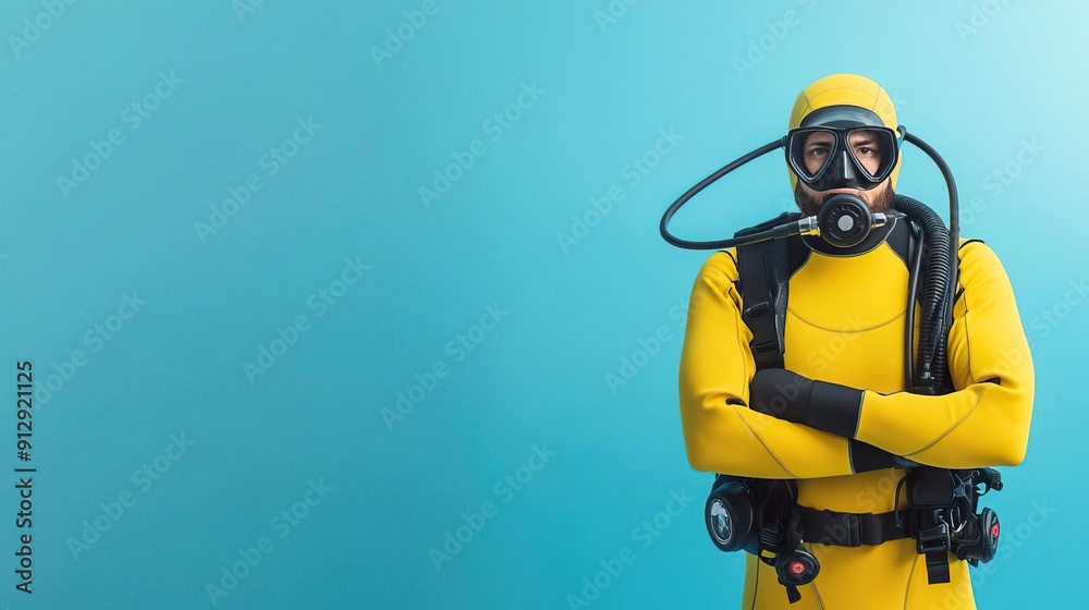 Scuba diver in black wetsuit standing in front of blue background. Scuba diver in black wetsuit standing in front of blue background.
