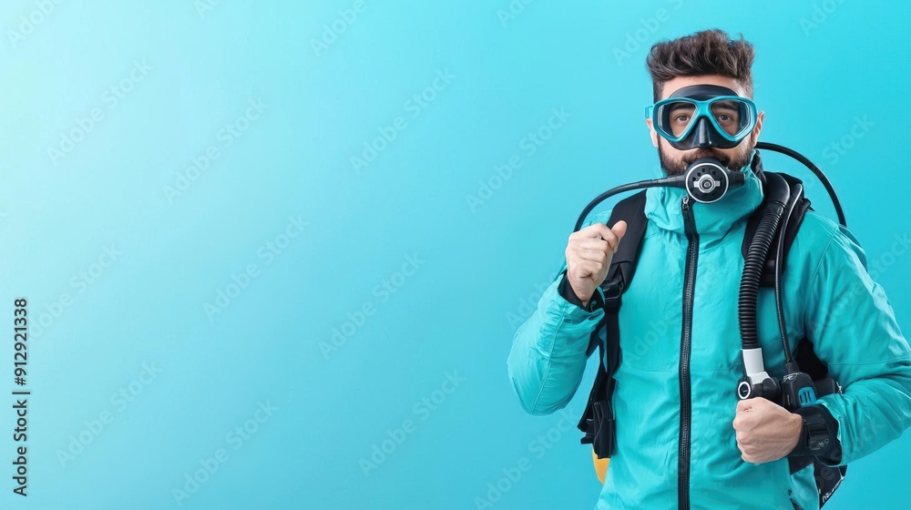 diver holding a scuba mask, standing on the right side of the image, portrait photo studio, with a solid color background. diver holding a scuba mask, standing on the right side of the image, portrait photo studio, with a solid color background.
