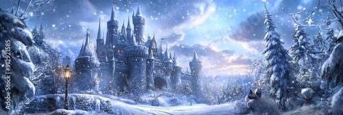 Frosty Fairytale: An Enchanted Snow Scene with a Storybook Castle in Anime Style, Evoking the Magic of Winter Wonders. photo