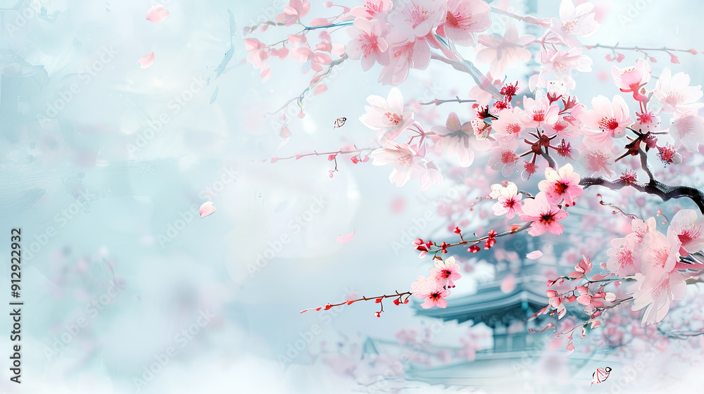 Beautiful pink cherry blossom branches with pagoda in background spring floral background flower landscape blooming season Japan travel asia flowers blossom garden sakura nature pink white sky clouds Beautiful pink cherry blossom branches with pagoda in background spring floral background flower landscape blooming season Japan travel asia flowers blossom garden sakura nature pink white sky clouds