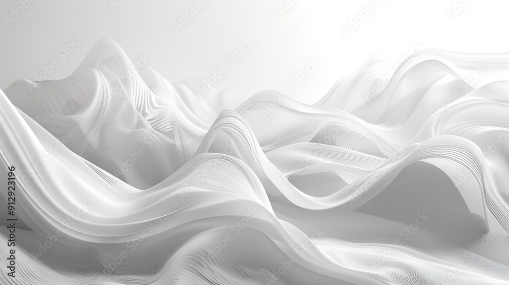 Fototapeta premium Curved three-dimensional gray white abstract wavy white silk fabric geometric background