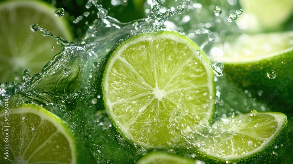 Close-up of a splash of lime juice with fresh lime wedges, capturing the vibrant, zesty motion Close-up of a splash of lime juice with fresh lime wedges, capturing the vibrant, zesty motion
