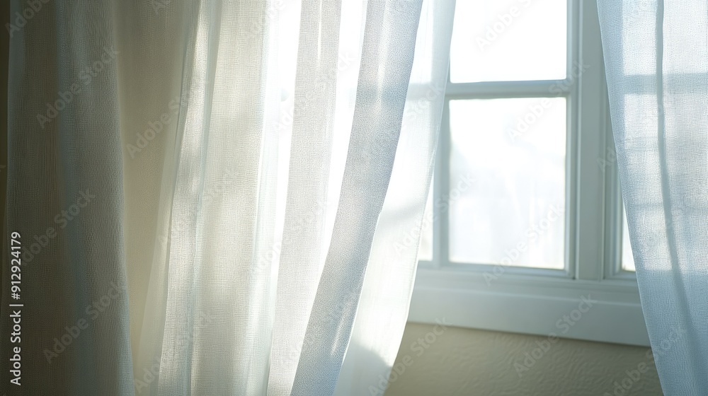 Fototapeta premium Close-up of an open window with sheer white curtains fluttering gently in the breeze, creating a serene scene
