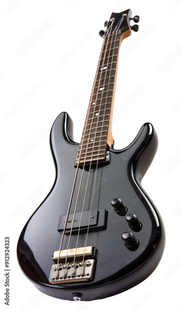 Naklejka premium Glossy black electric bass guitar isolated on transparent background