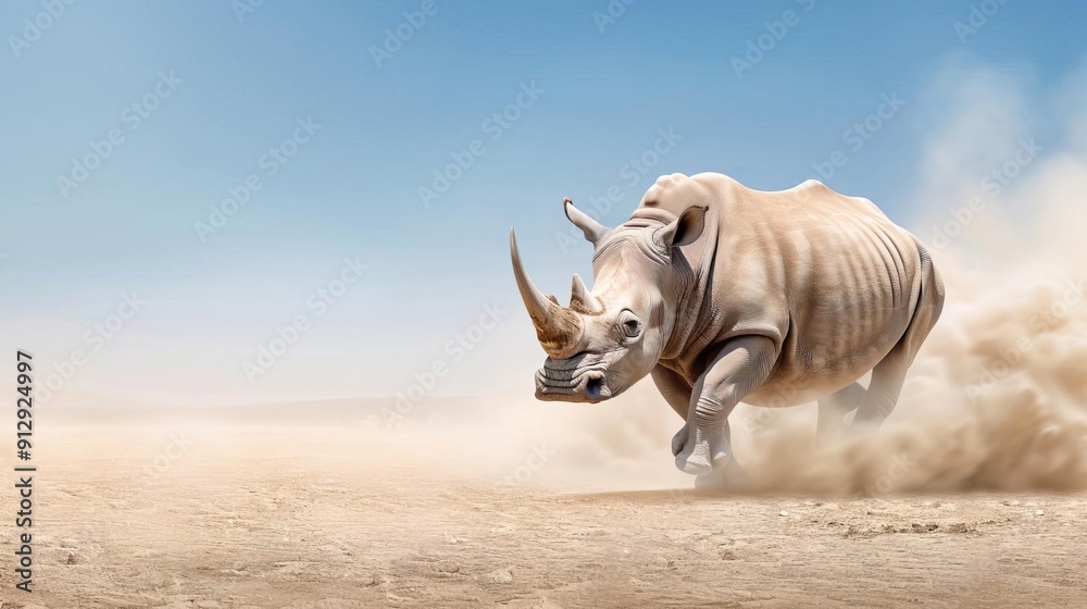 Fototapeta premium Mighty rhinoceros charging through dusty plains.
