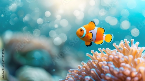 Colorful clownfish hiding in sea anemone, coral reef.