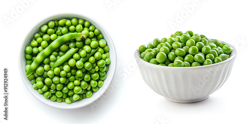 Green peas in a white bowl bundle, side and top view, isolated on a white background