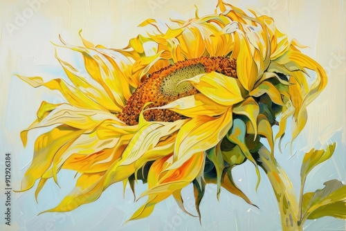 Stunning Sunflower Painting with Vibrant Yellow Petals and Green Leaves photo