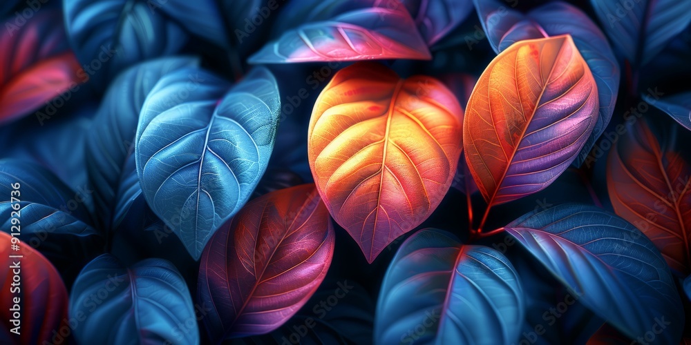 Vibrant blue and red leaves in close-up, ideal for nature, botany, and color contrast themes. Vibrant blue and red leaves in close-up, ideal for nature, botany, and color contrast themes.