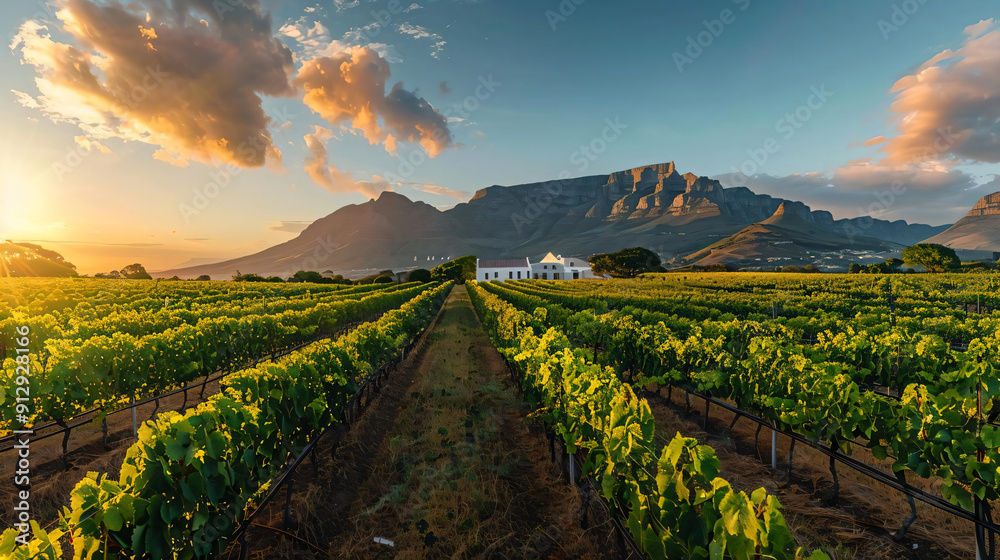 Fototapeta premium Vineyard Sunset with Mountain View.
