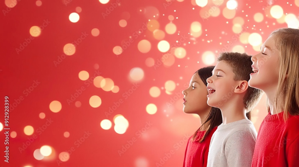 A choir singing Christmas hymns, red background.
