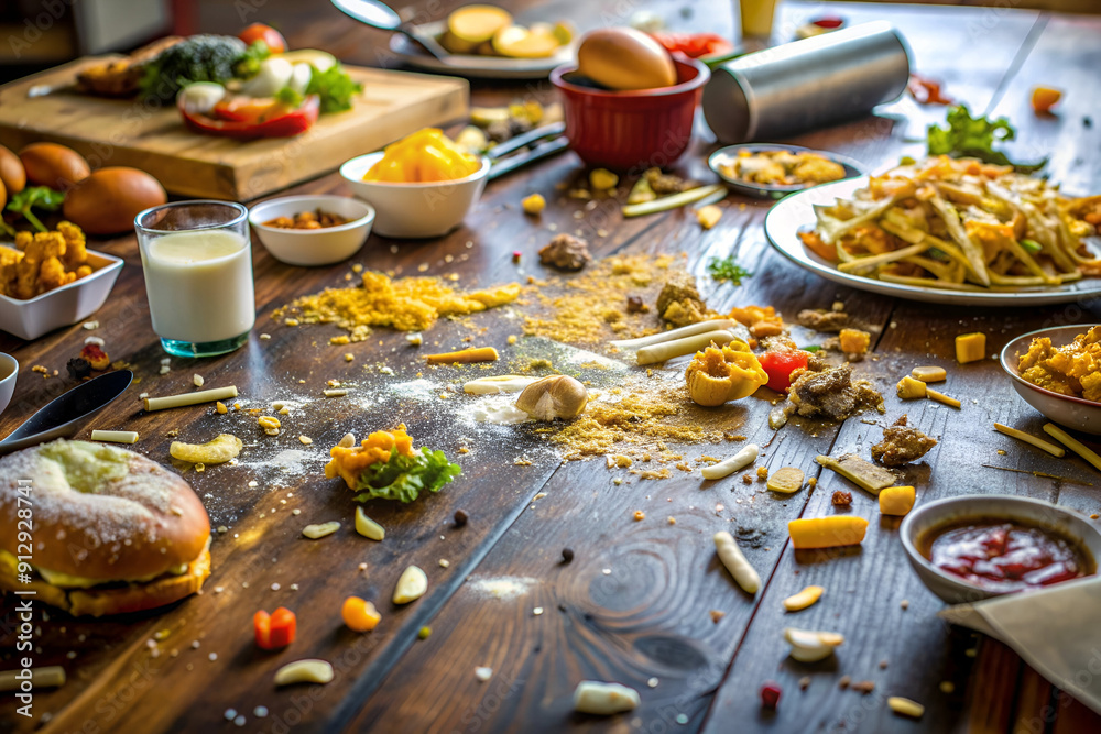 A messy table with a variety of food and drinks, including a donut, a sandwich, and a bowl of salad A messy table with a variety of food and drinks, including a donut, a sandwich, and a bowl of salad