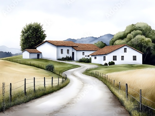 Wallpaper Mural Rustic countryside with rolling hills and quaint farms on Arches watercolor paper Torontodigital.ca