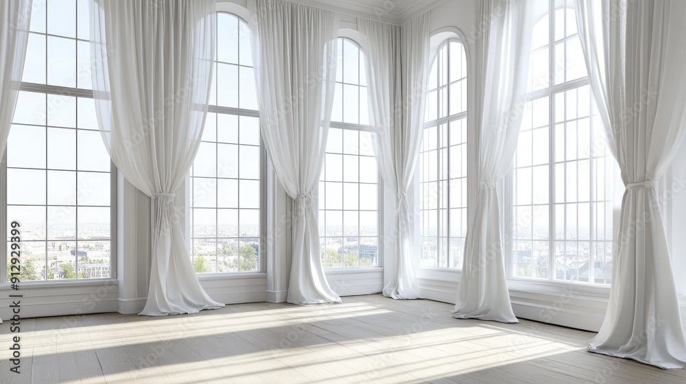 Elegant room with white curtains cascading down large windows Elegant room with white curtains cascading down large windows