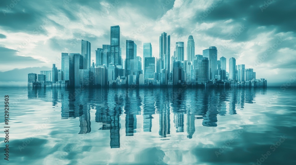 Fototapeta premium A city skyline is reflected in the water, A large body of water and the reflection of the buildings creates a sense of depth and vastness