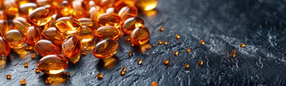 Many orange pills sitting on a table, supplements, , Banner, Copy space Many orange pills sitting on a table, supplements, , Banner, Copy space