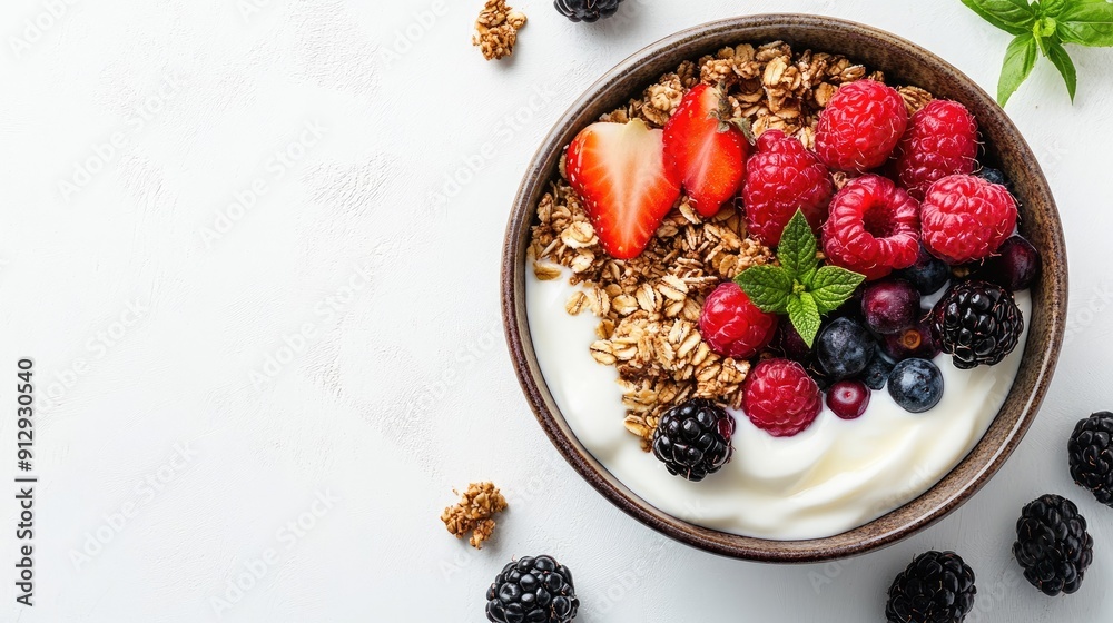 Flat lay of a fresh breakfast bowl with Greek yogurt, granola, and a mix of fruits, set on a clean white surface Flat lay of a fresh breakfast bowl with Greek yogurt, granola, and a mix of fruits, set on a clean white surface