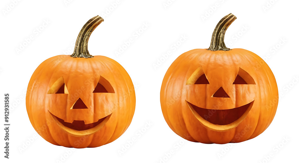 Two carved pumpkins with classic jack-o'-lantern faces, one smiling and one with a slightly mischievous grin. Transparent PNG for easy use. Ideal for Halloween decorations, party invitations, or autum