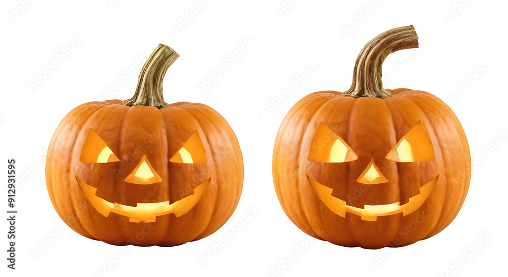 Two glowing jack-o'-lanterns with carved faces on a white background. Transparent PNG for versatile use. Perfect for Halloween, fall festivals, or spooky designs. Two glowing jack-o'-lanterns with carved faces on a white background. Transparent PNG for versatile use. Perfect for Halloween, fall festivals, or spooky designs.