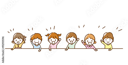 Illustration of boys and girls happily raising their hands