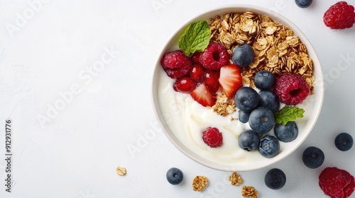 Wallpaper Mural Healthy breakfast bowl featuring Greek yogurt, granola, and assorted fresh fruits, shot from above on a white surface Torontodigital.ca