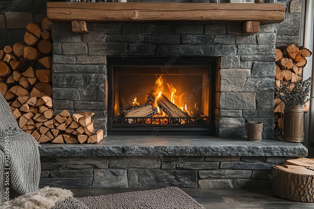 cozy fireplace with rustic stone surround warm flames flicker casting a soft glow on the textured stonework a stack of firewood adds to the inviting ambiance cozy fireplace with rustic stone surround warm flames flicker casting a soft glow on the textured stonework a stack of firewood adds to the inviting ambiance
