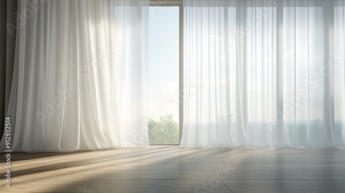 Light filtering through white sheer curtains on a large window