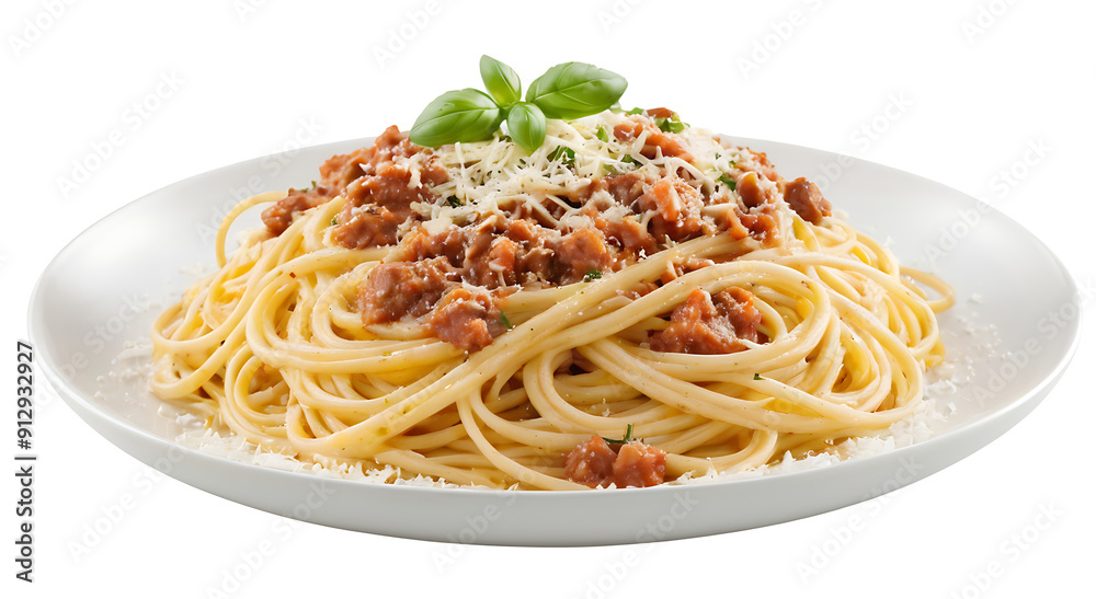 A plate of spaghetti topped with rich, meaty Bolognese sauce and garnished with fresh basil. Transparent PNG for easy use. Ideal for restaurant menus, food blogs, or recipe websites. A plate of spaghetti topped with rich, meaty Bolognese sauce and garnished with fresh basil. Transparent PNG for easy use. Ideal for restaurant menus, food blogs, or recipe websites.