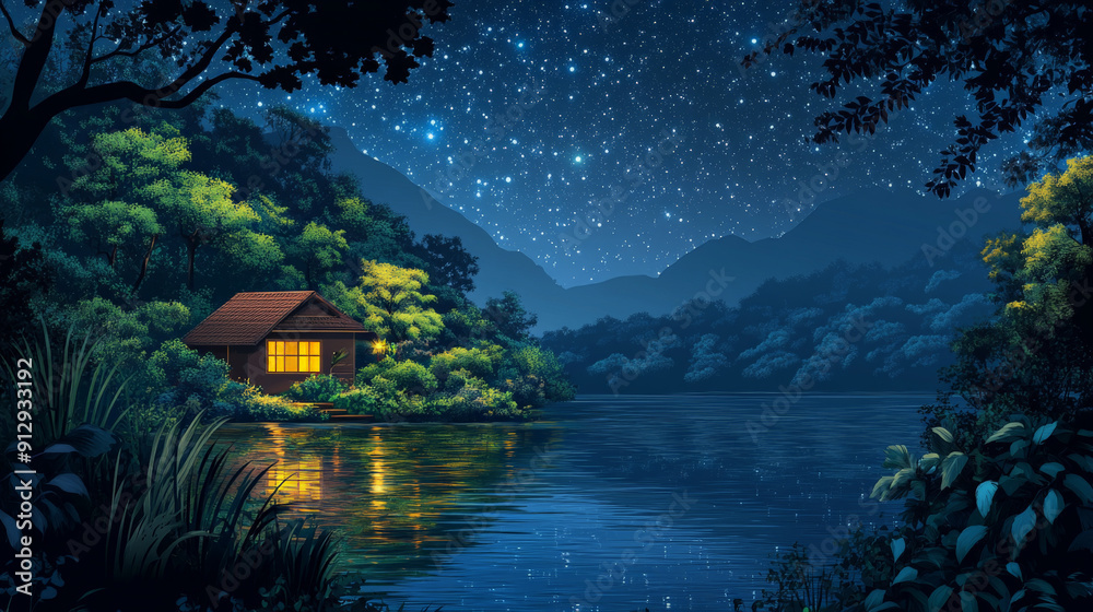 Beautiful Jungle House at Starry Night with Lake Beautiful Jungle House at Starry Night with Lake