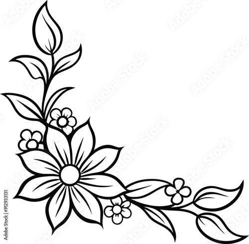 floral corner line art illustration black and white