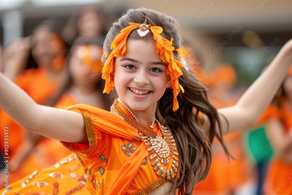 A joyful child dancer in a vibrant orange costume, showcasing cultural celebration with bright smiles and lively energy. A joyful child dancer in a vibrant orange costume, showcasing cultural celebration with bright smiles and lively energy.